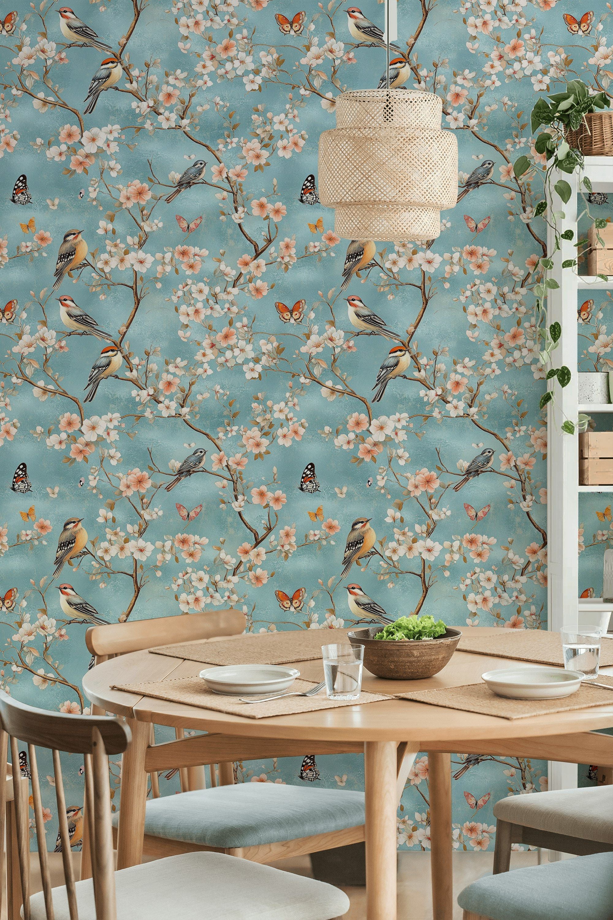 Sky Blue Cherry Blossom and Bird Wallpaper