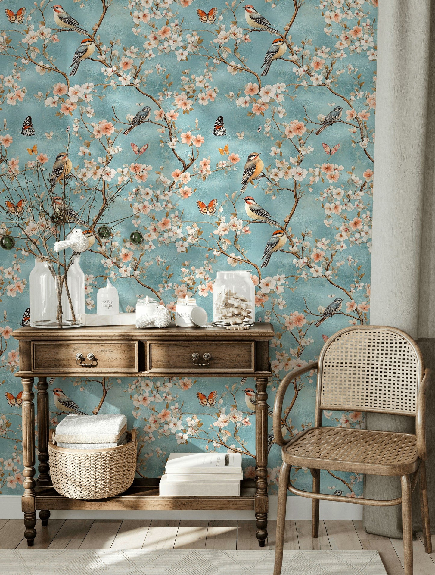 Vintage Bird & Cherry Blossom Wallpaper Floral Wall Mural