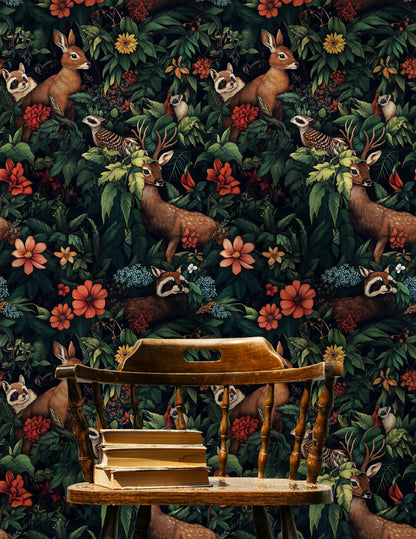 Dark Jungle Animal and Floral Wallpaper