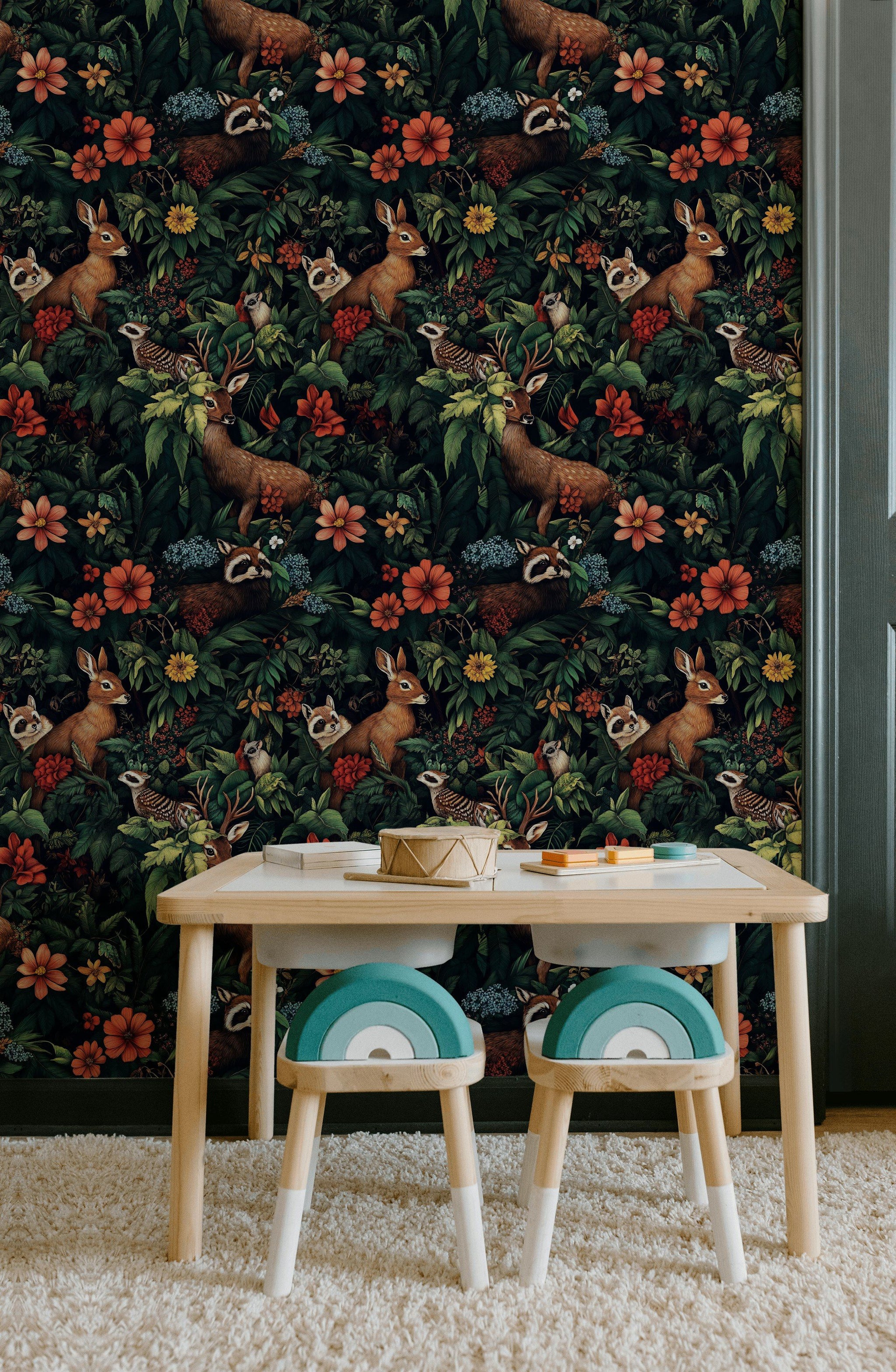 Dark Jungle Animal and Floral Wallpaper