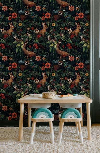 Dark Jungle Animal and Floral Wallpaper