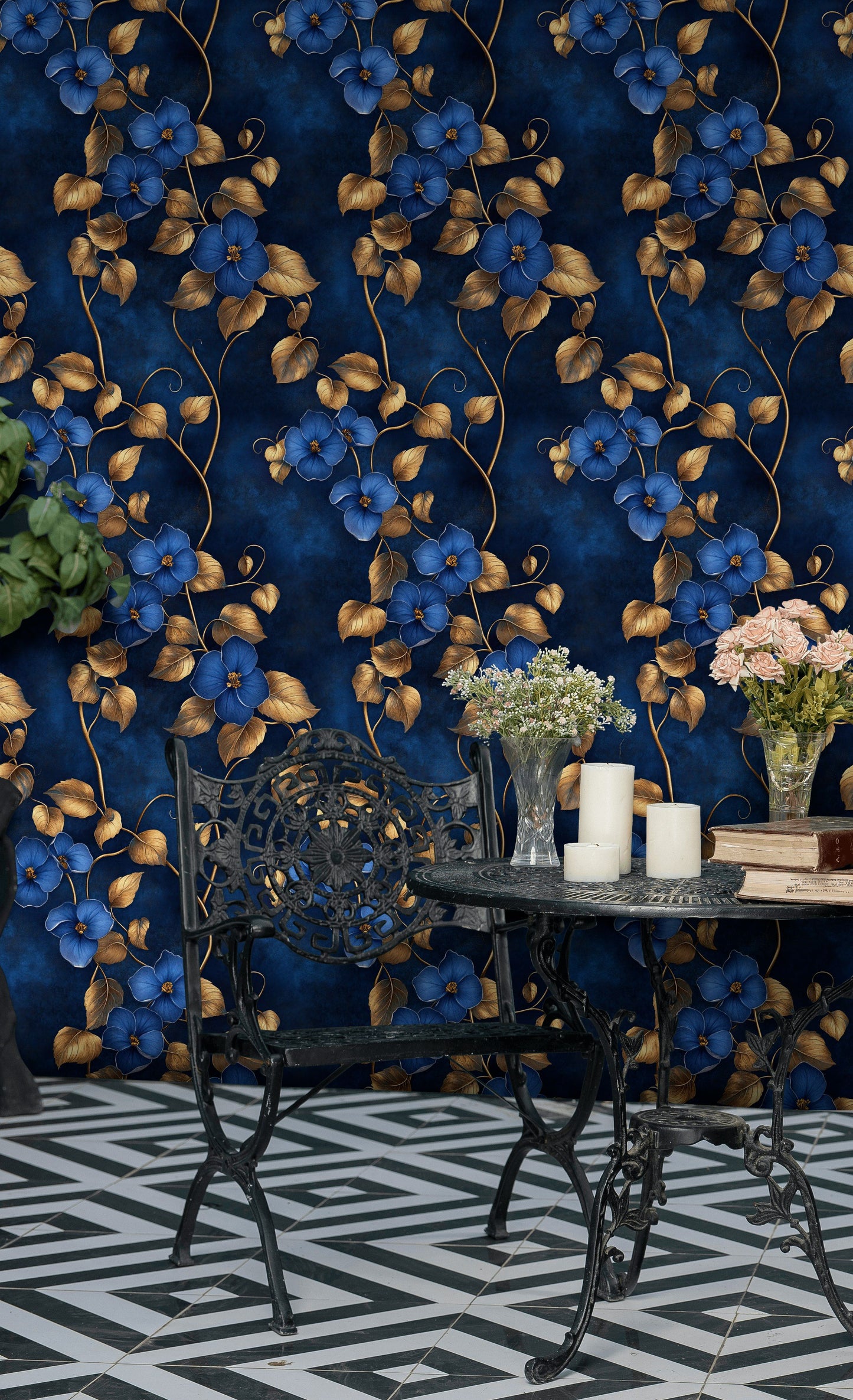 Luxury Blue Floral Wallpaper Gold Look Leaves Wall Mural