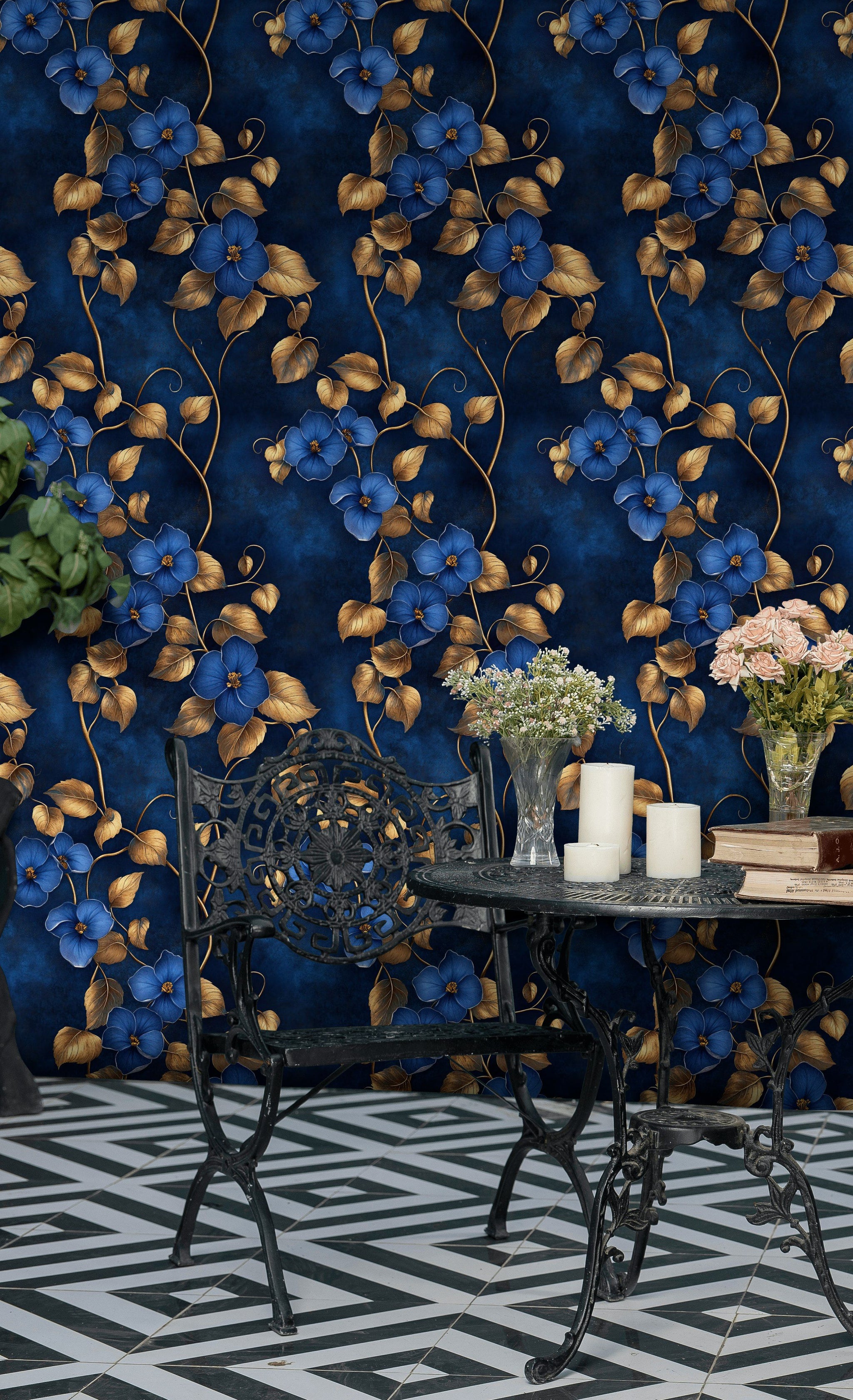 Deep Navy Blue Vintage Floral Wallpaper