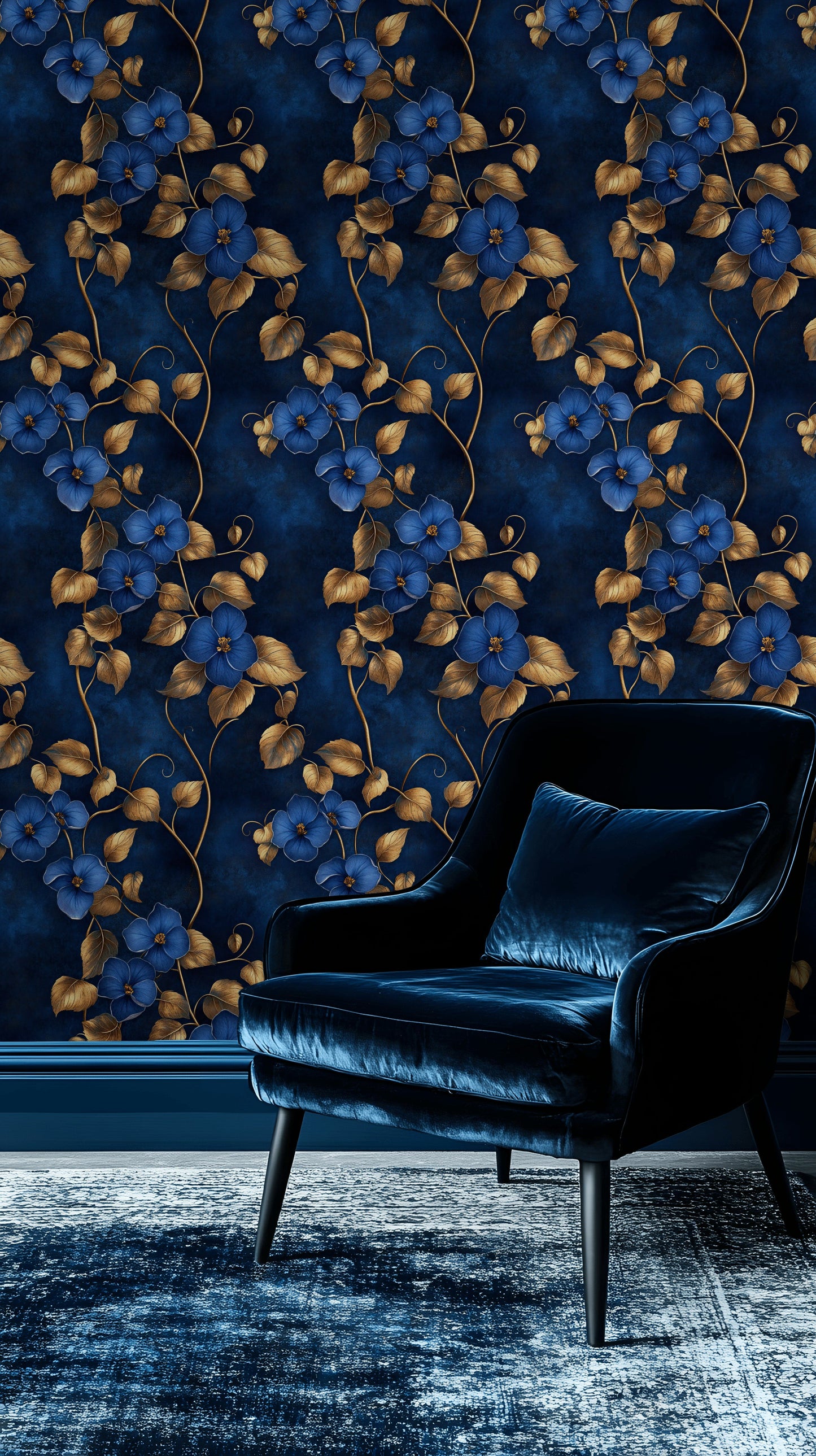 Luxury Blue Floral Wallpaper Gold Look Leaves Wall Mural