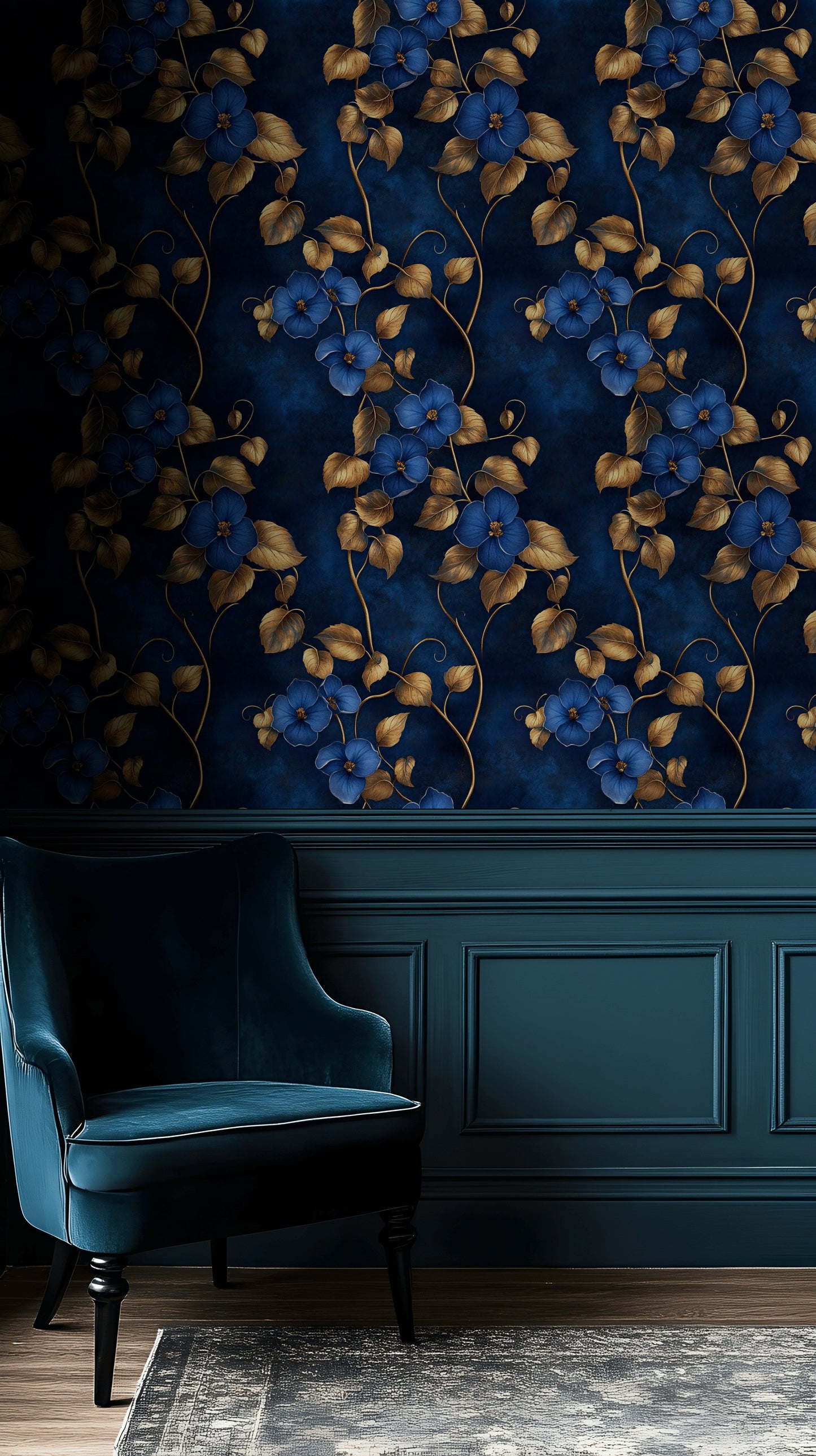 Luxury Blue Floral Wallpaper Gold Look Leaves Wall Mural
