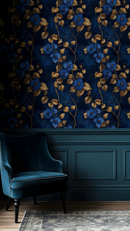 Deep Navy Blue Vintage Floral Wallpaper