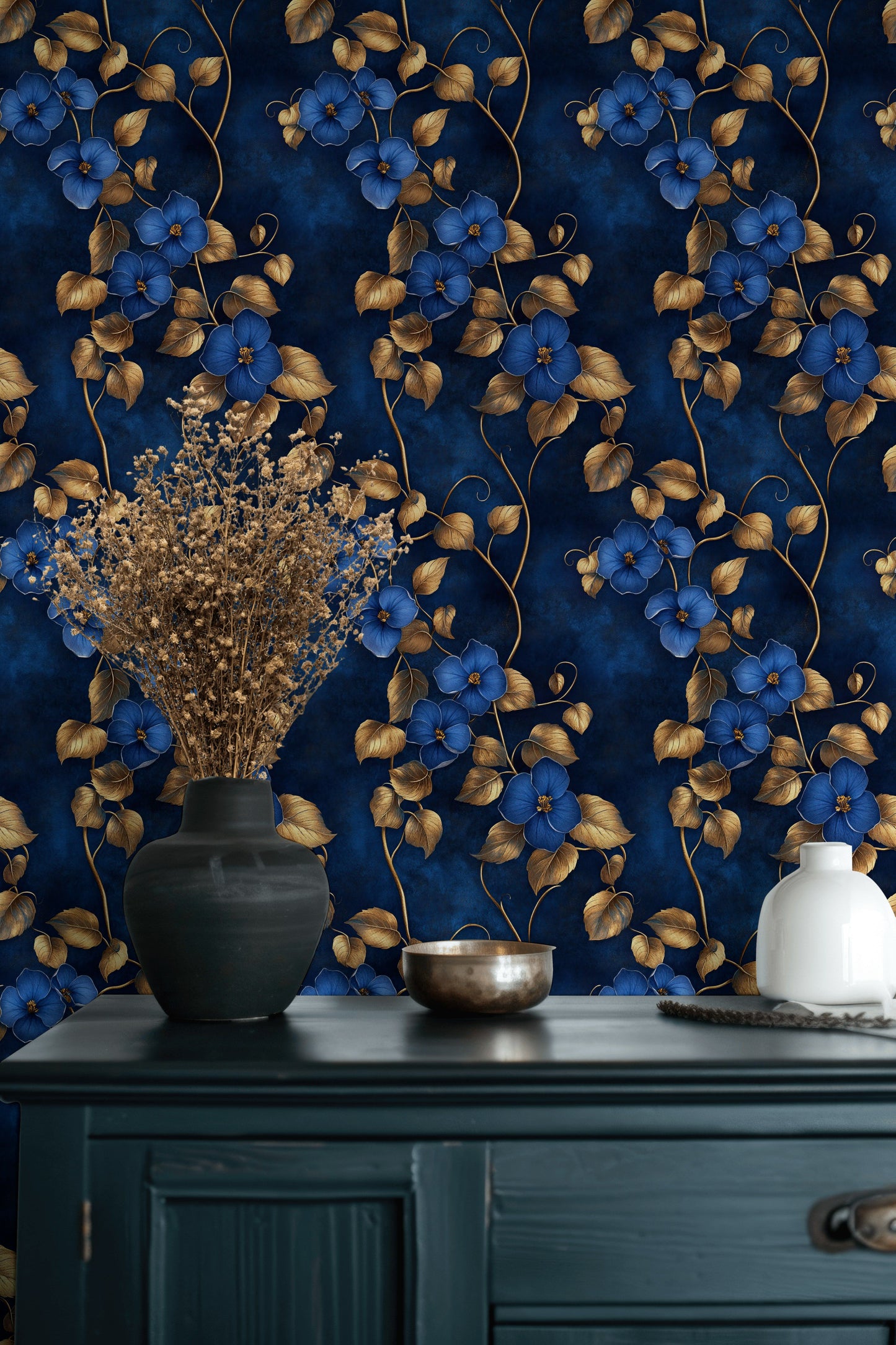Luxury Blue Floral Wallpaper Gold Look Leaves Wall Mural