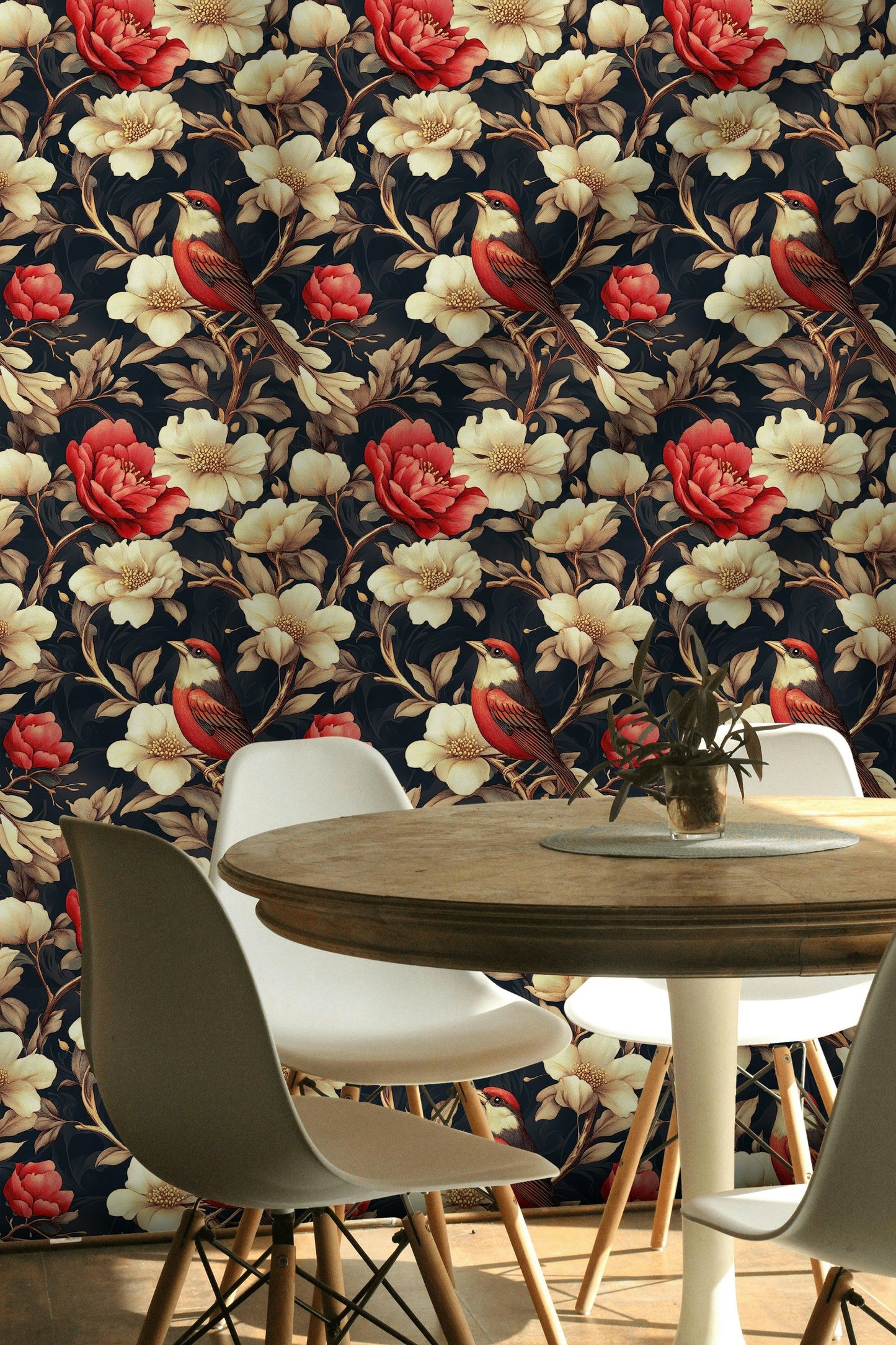 Dramatic Floral Bird Wallpaper Red Cream Wall Mural