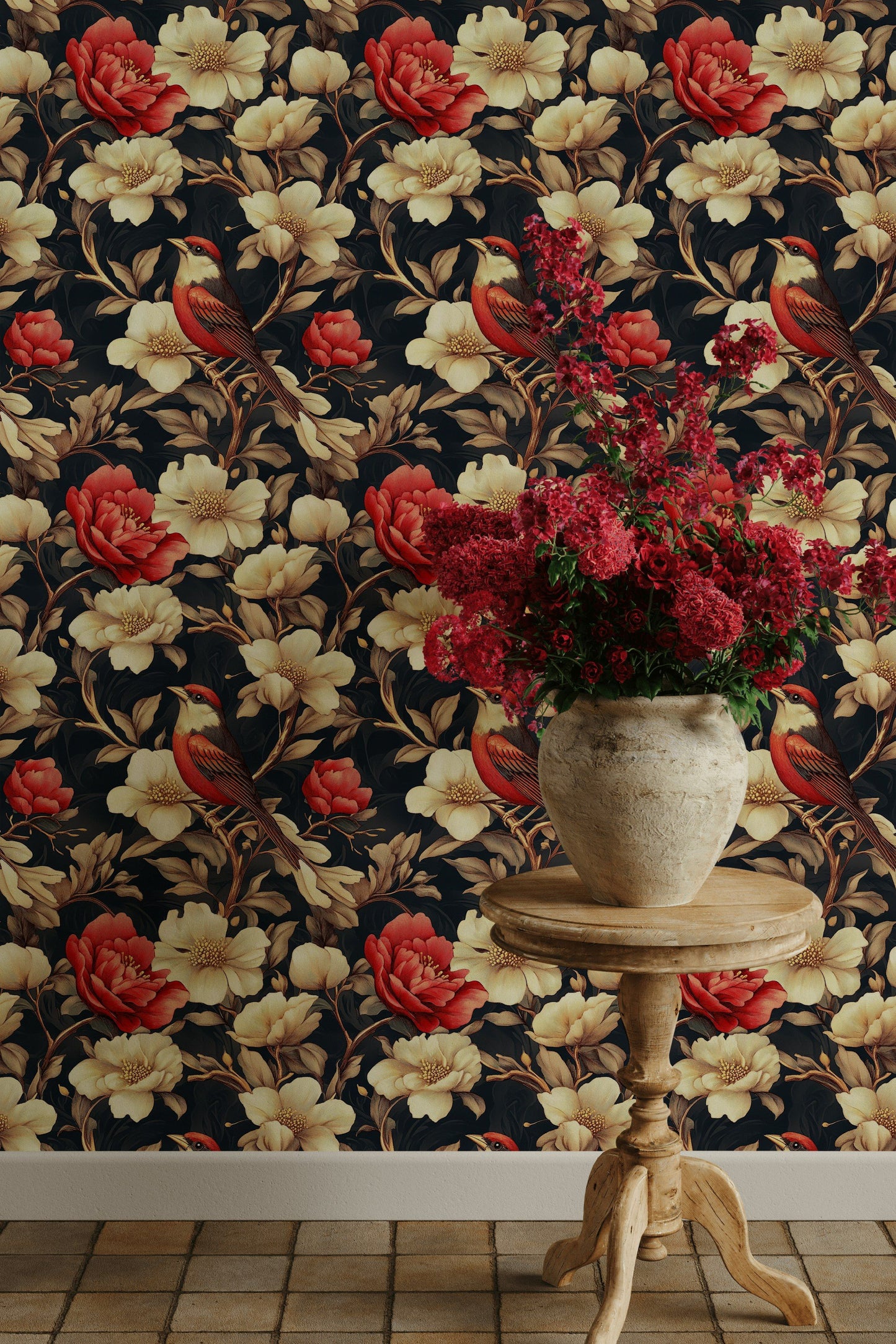 Dramatic Floral Bird Wallpaper Red Cream Wall Mural