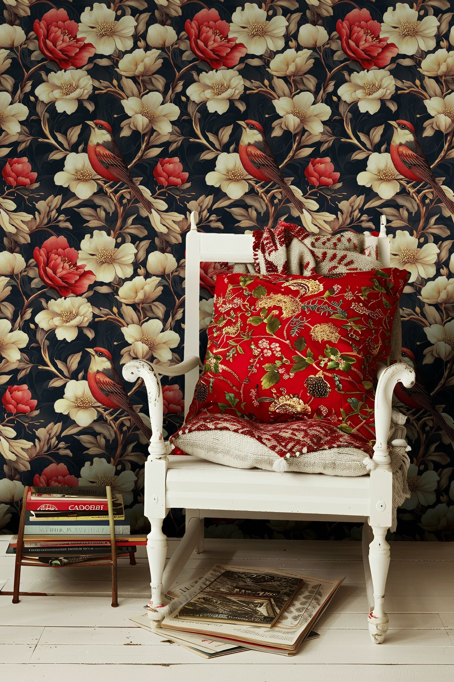 Black & Red Vintage Floral Bird Wallpaper