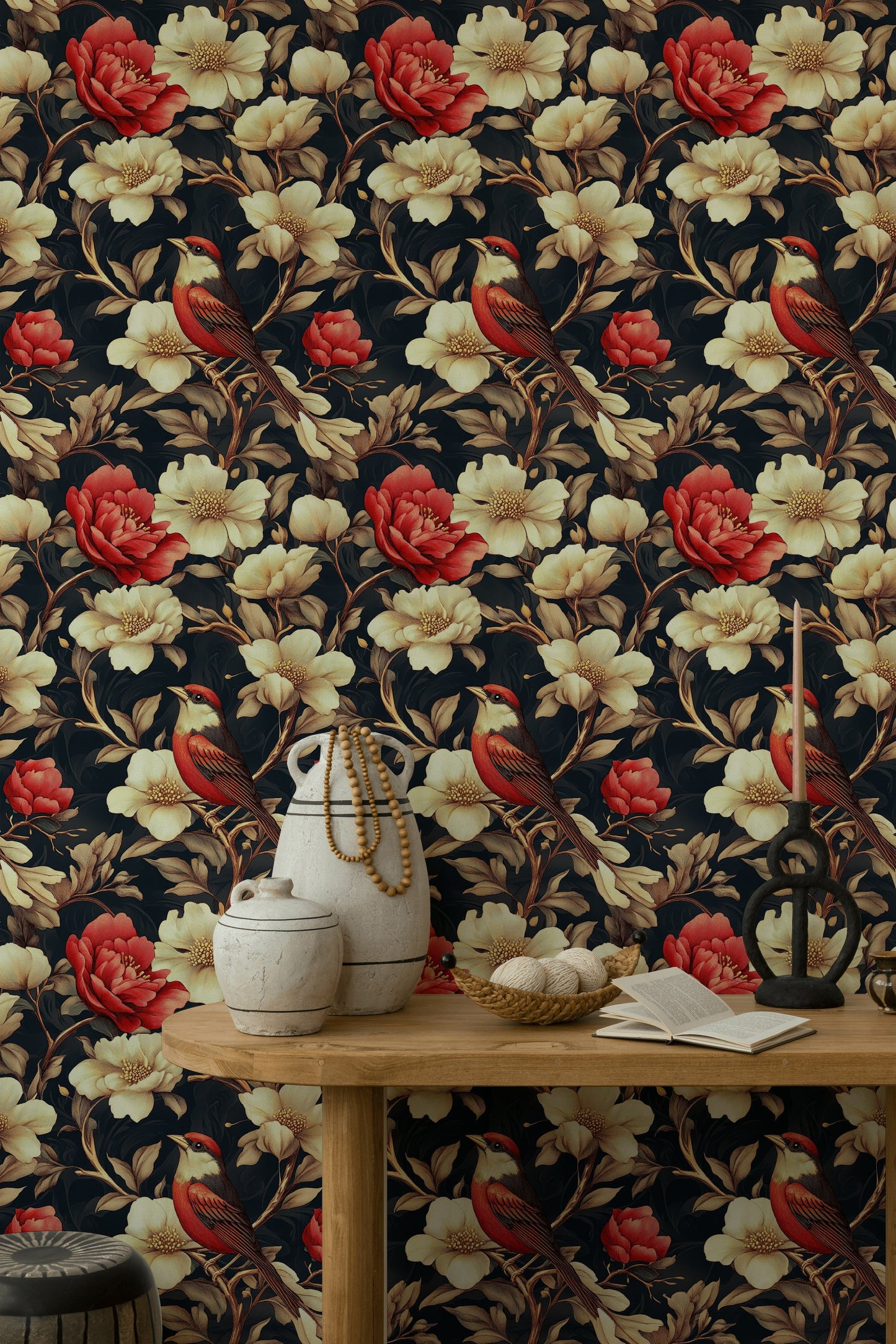 Dramatic Floral Bird Wallpaper Red Cream Wall Mural