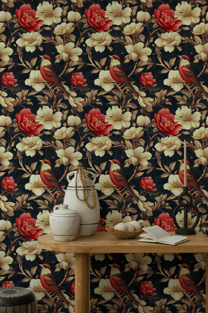 Black & Red Vintage Floral Bird Wallpaper