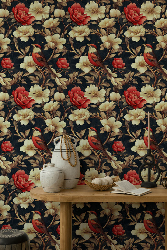 Dramatic Floral Bird Wallpaper Red Cream Wall Mural