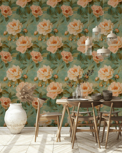 Peach and Green Peony Floral Wallpaper