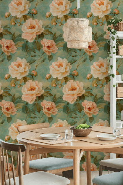 Peach and Green Peony Floral Wallpaper