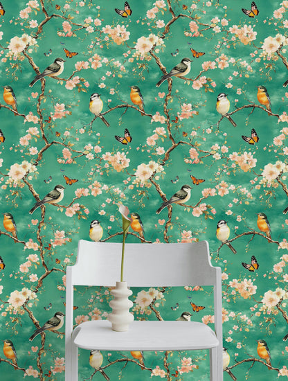 Vibrant Teal Cherry Blossom and Songbird Wallpaper