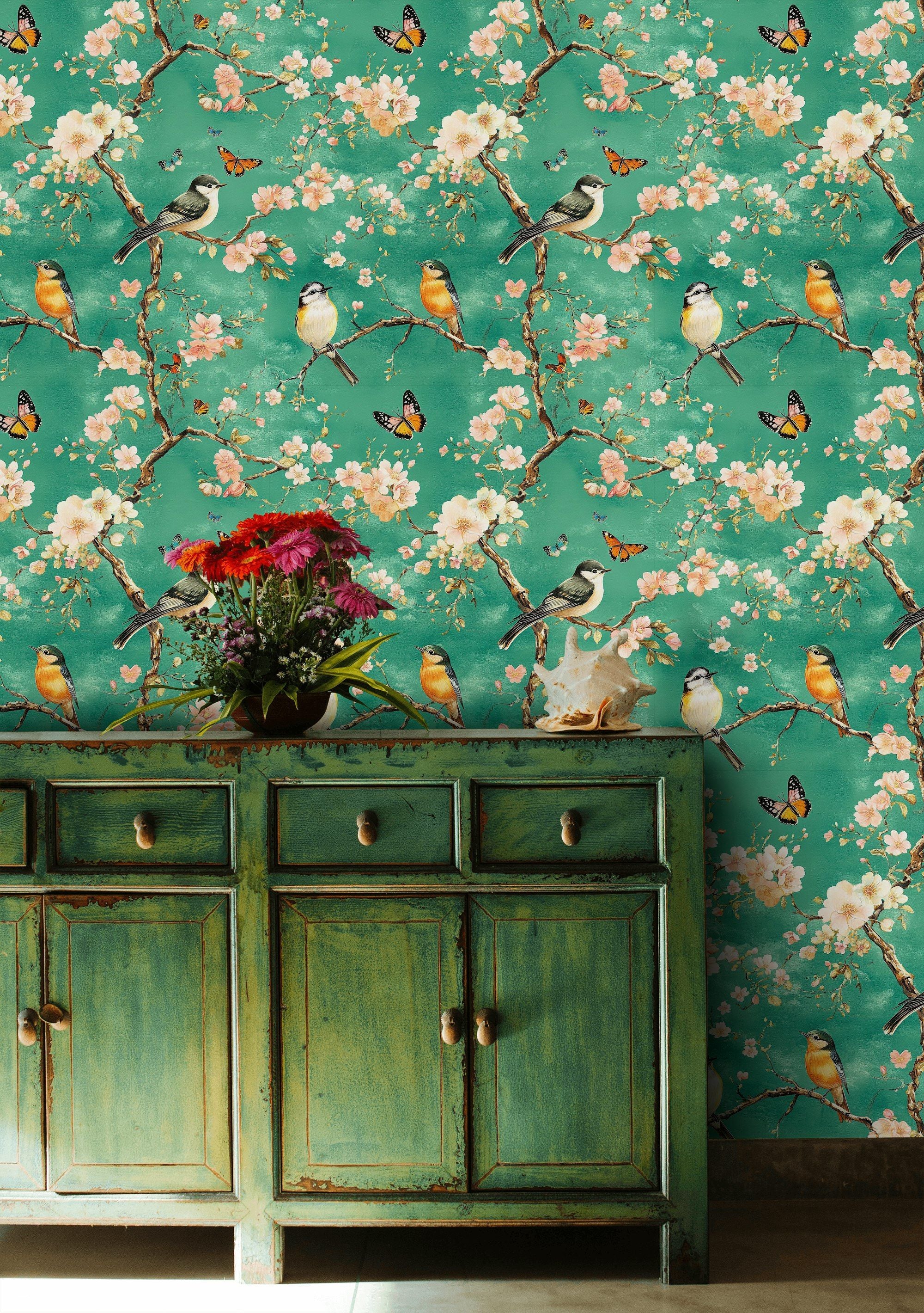 Vibrant Teal Cherry Blossom and Songbird Wallpaper