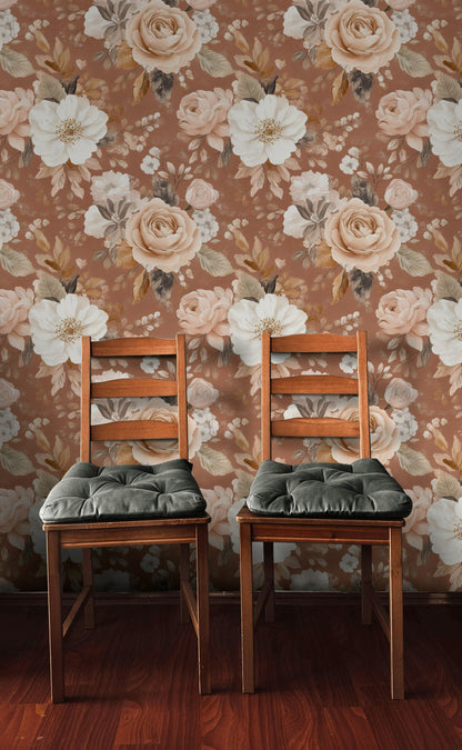 Terracotta and Cream Rose Floral Wallpaper