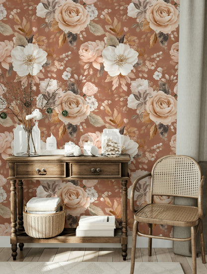 Terracotta and Cream Rose Floral Wallpaper