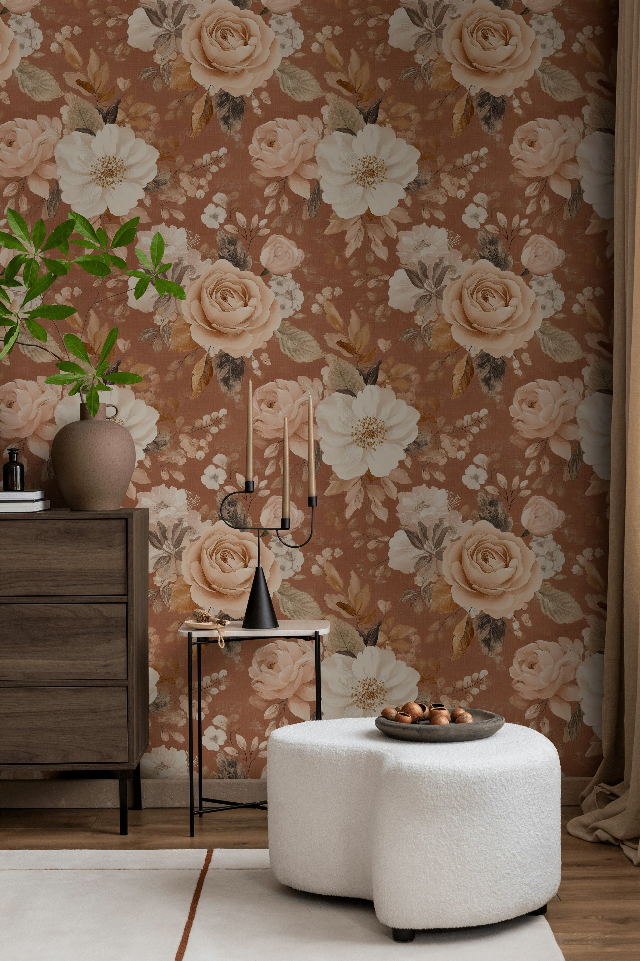 Terracotta and Cream Rose Floral Wallpaper