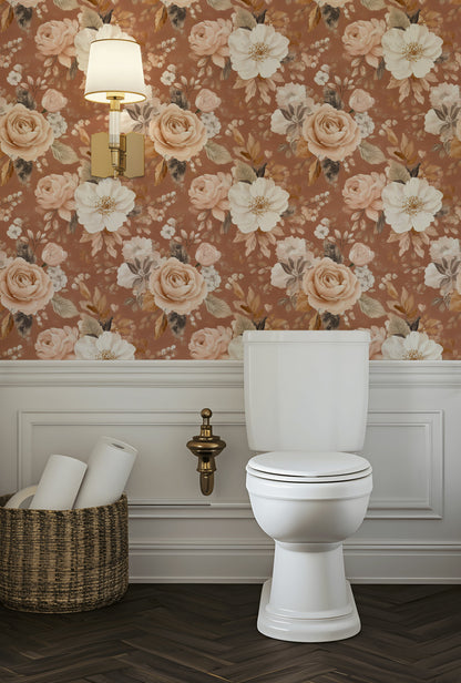 Terracotta and Cream Rose Floral Wallpaper