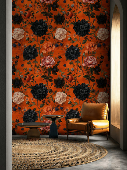 Vibrant Orange and Black Large Floral Wallpaper