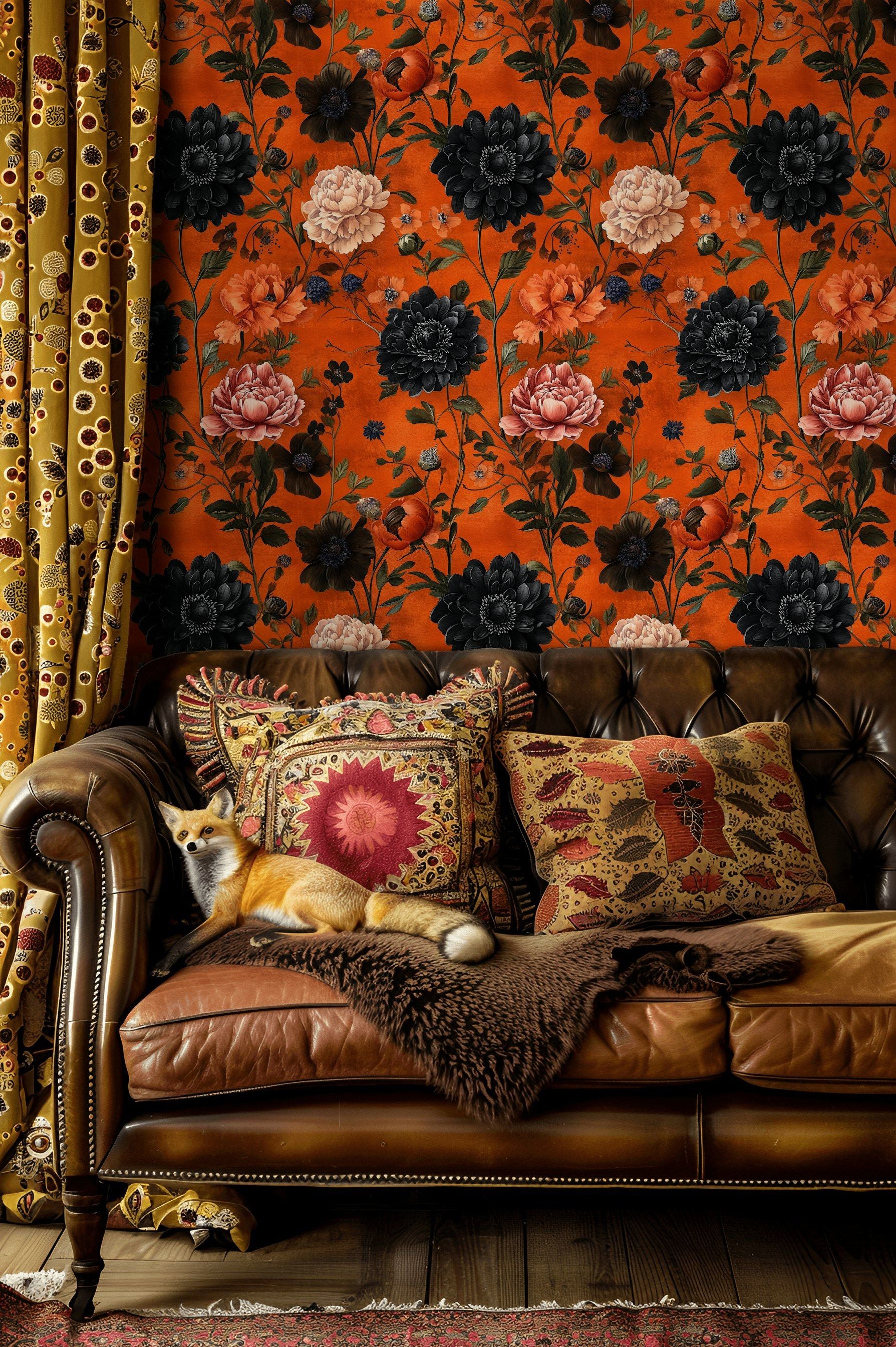 Vibrant Orange and Black Large Floral Wallpaper