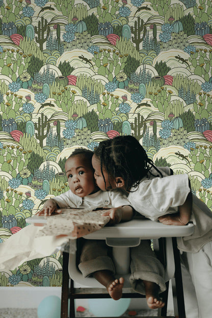 Vibrant Green Desert Scene Botanical Wallpaper