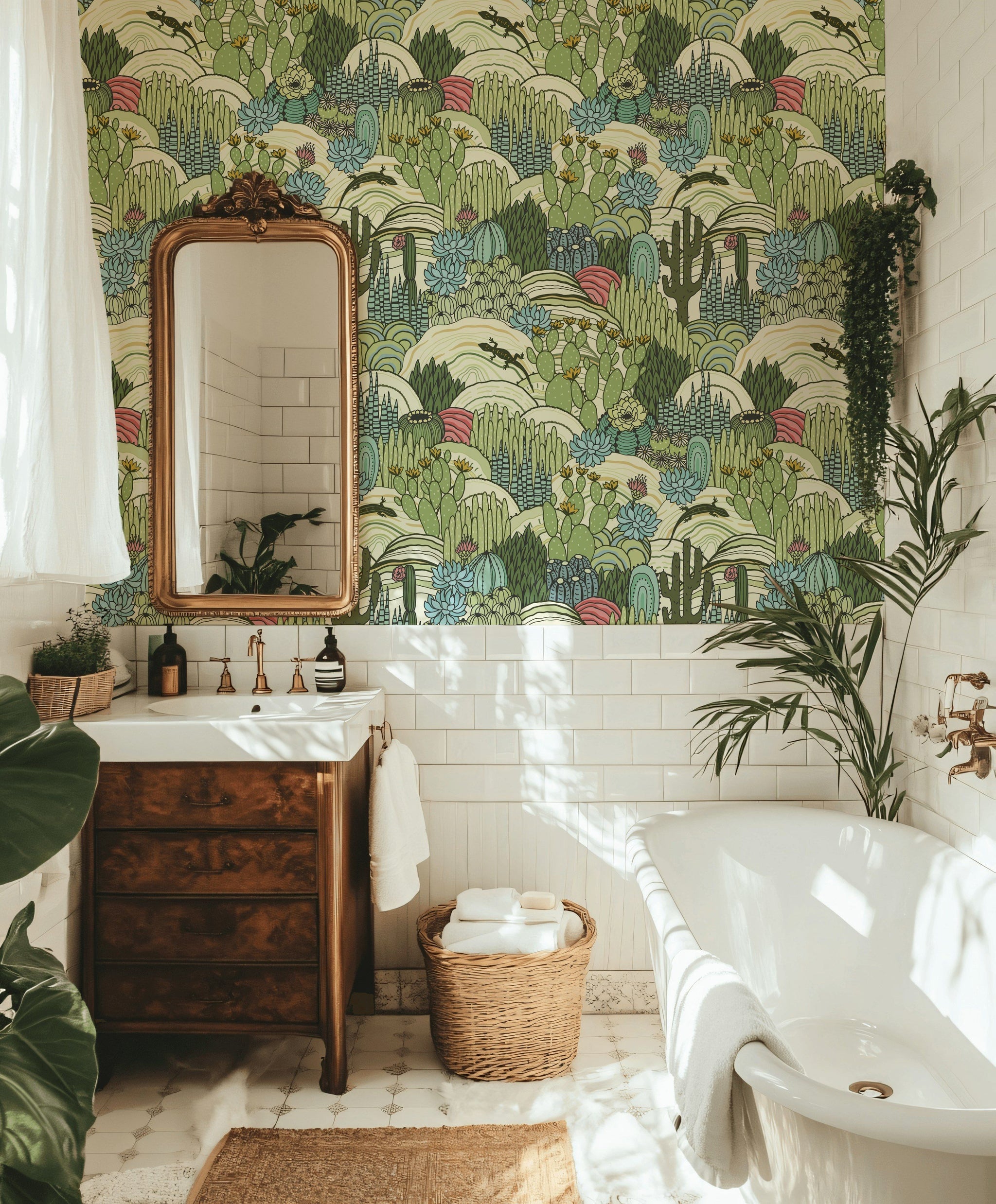 Vibrant Green Desert Scene Botanical Wallpaper