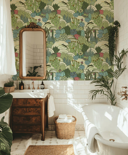 Vibrant Green Desert Scene Botanical Wallpaper