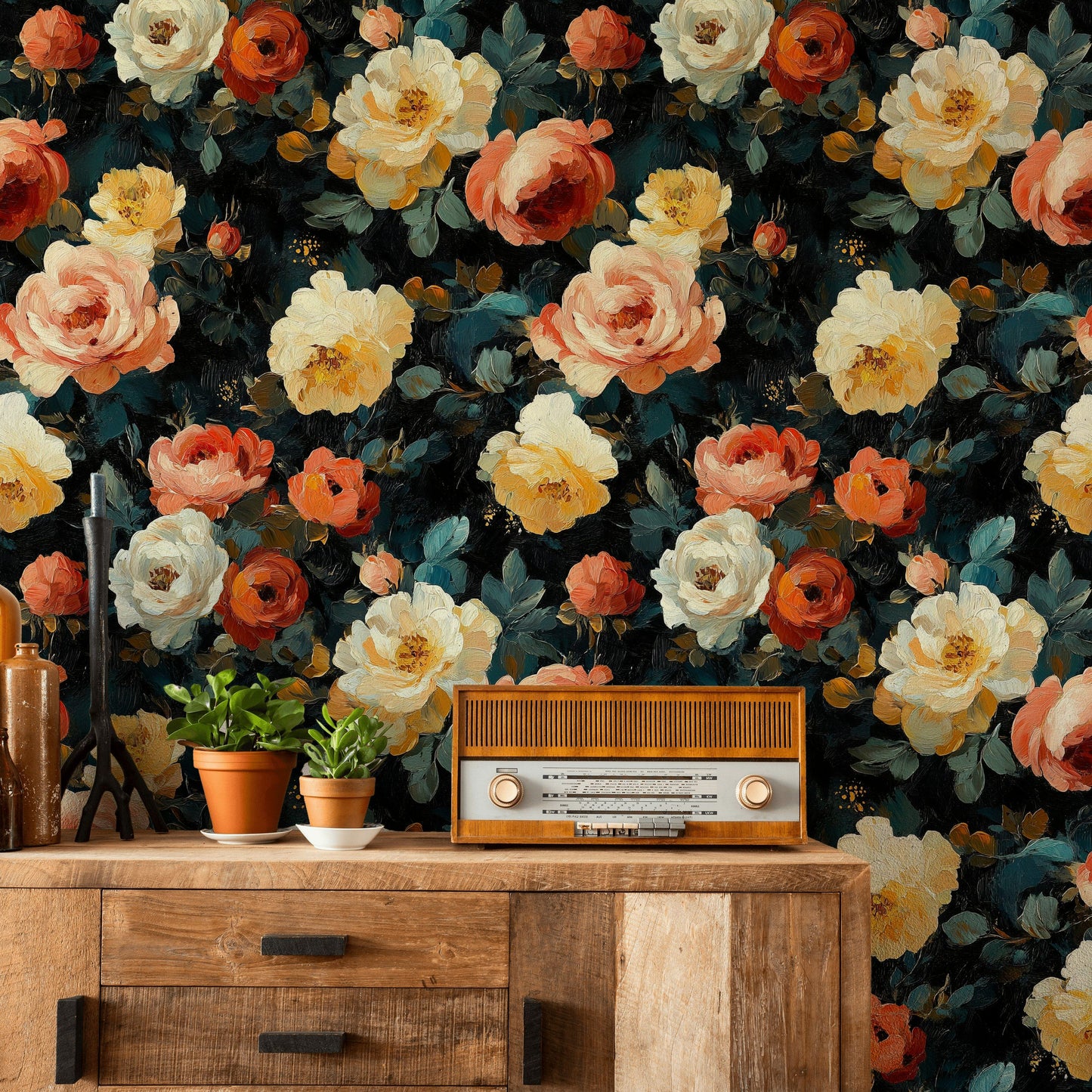Moody Dark Floral Wallpaper Vintage Rose Wall Mural