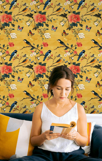 Bright Yellow Bird and Floral Pattern Wallpaper