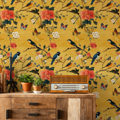 Bright Yellow Bird and Floral Pattern Wallpaper