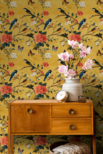 Bright Yellow Bird and Floral Pattern Wallpaper