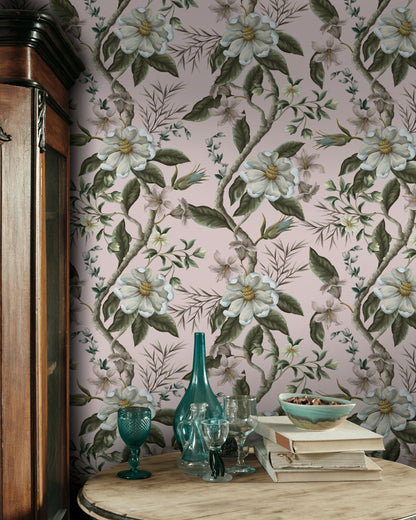Blush Pink Large Floral Botanical Wallpaper