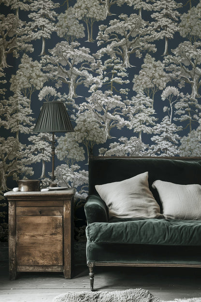 Charcoal Black Vintage Tree Motif Wallpaper