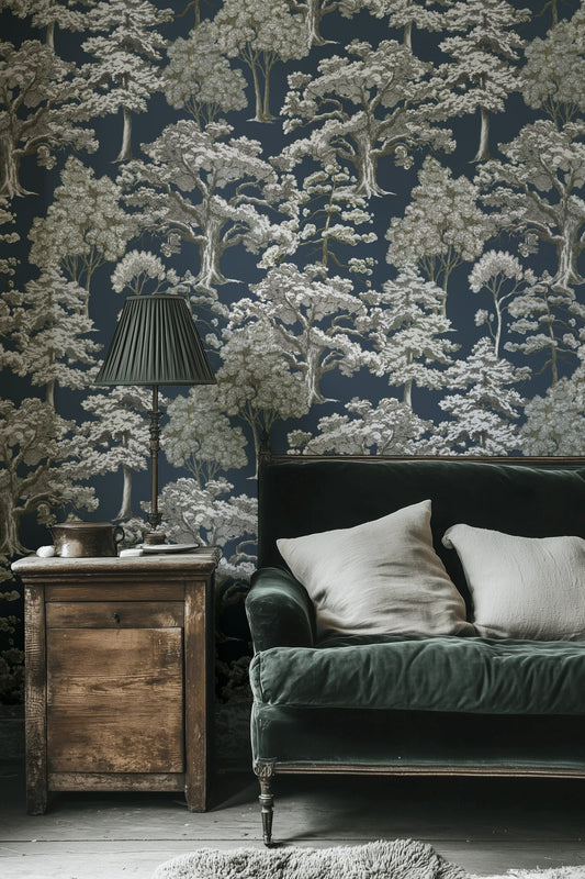 Scenic Tree Toile Wallpaper Navy Blue Forest Wall Mural