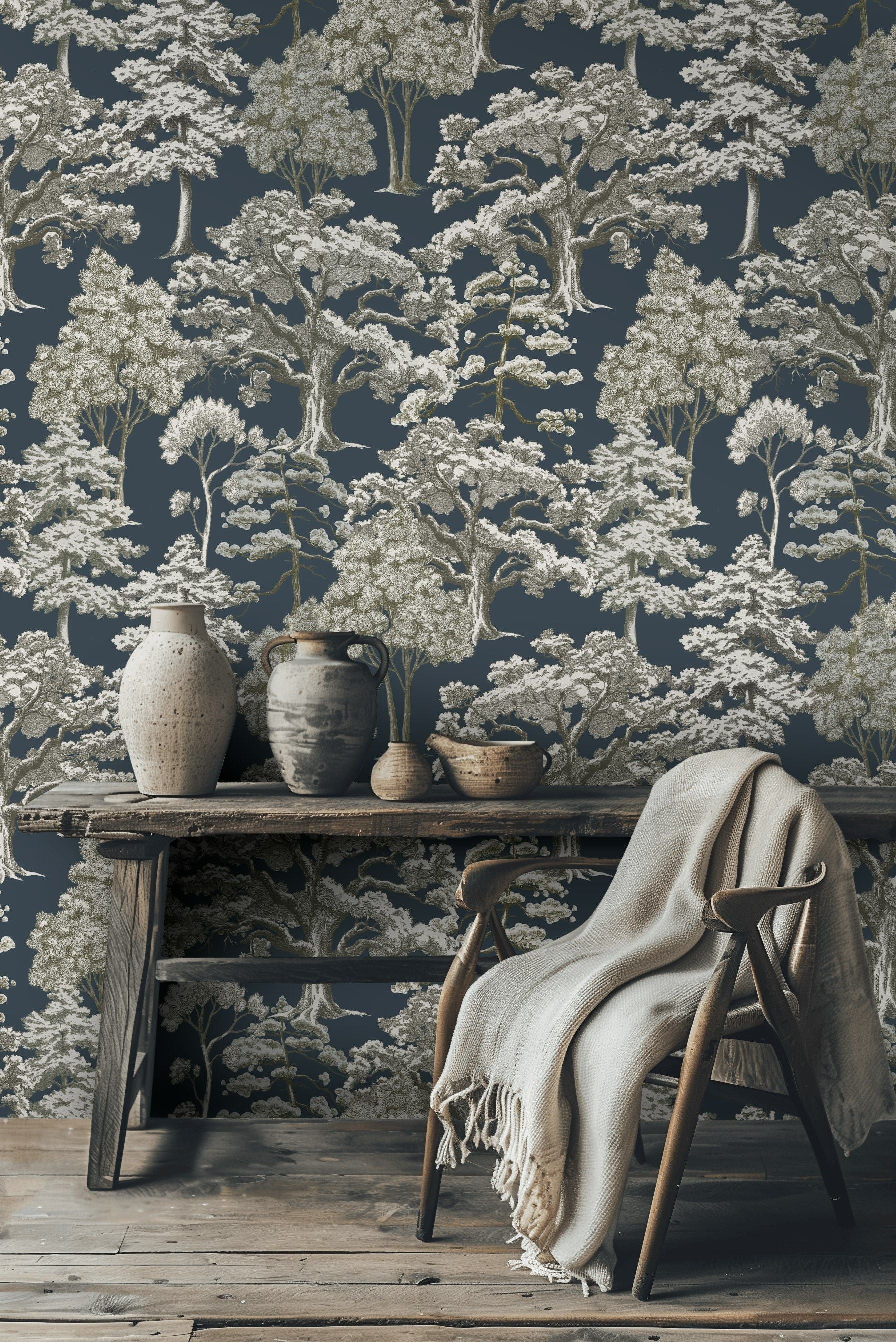 Charcoal Black Vintage Tree Motif Wallpaper