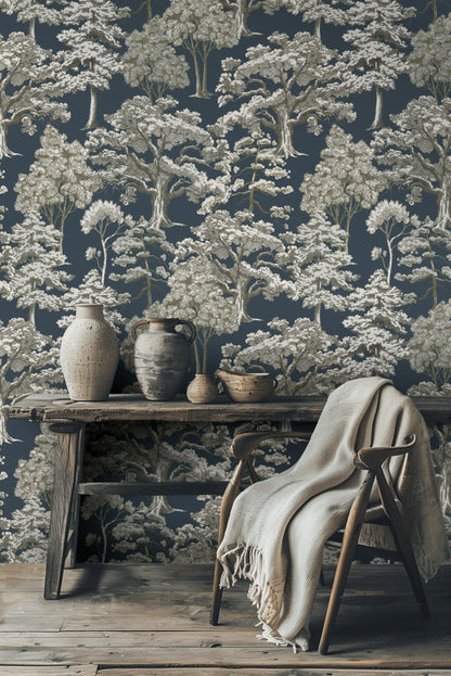 Charcoal Black Vintage Tree Motif Wallpaper