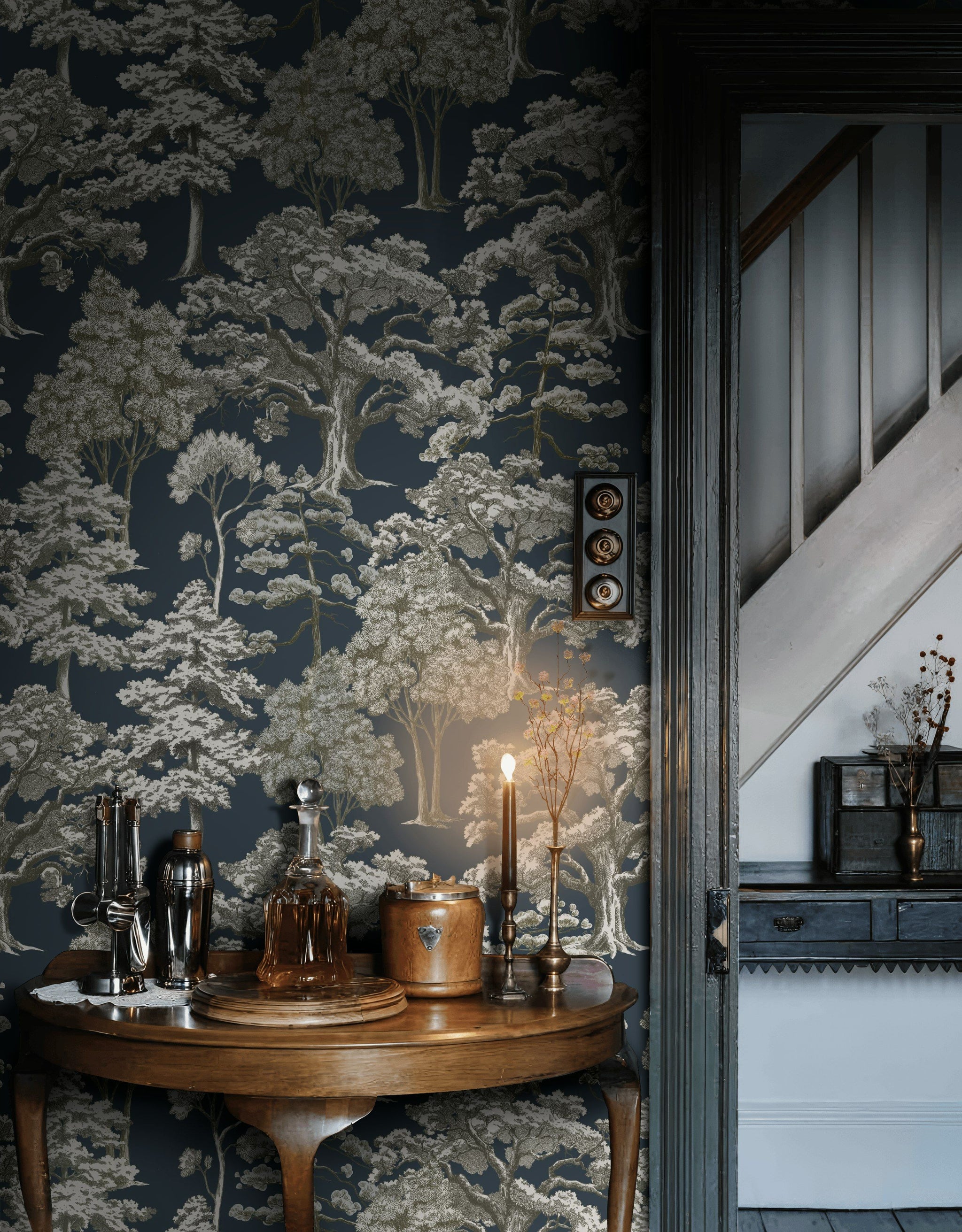 Charcoal Black Vintage Tree Motif Wallpaper