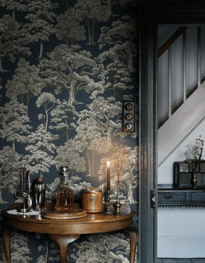 Charcoal Black Vintage Tree Motif Wallpaper
