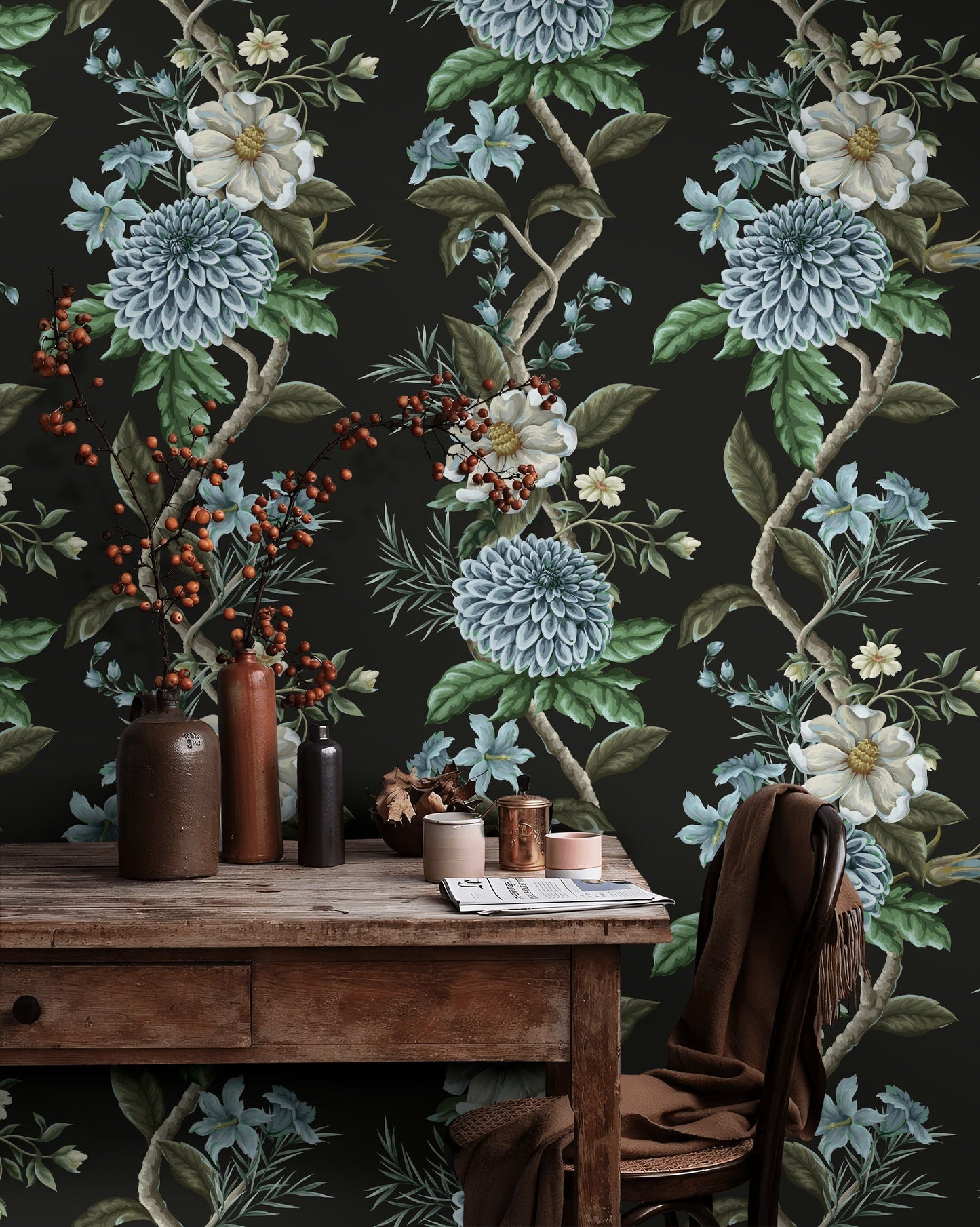 Blue Dahlia Wallpaper Dark Botanical Wall Mural