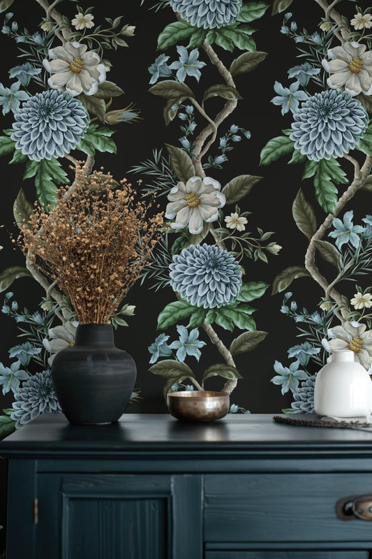Blue Dahlia Wallpaper Dark Botanical Wall Mural