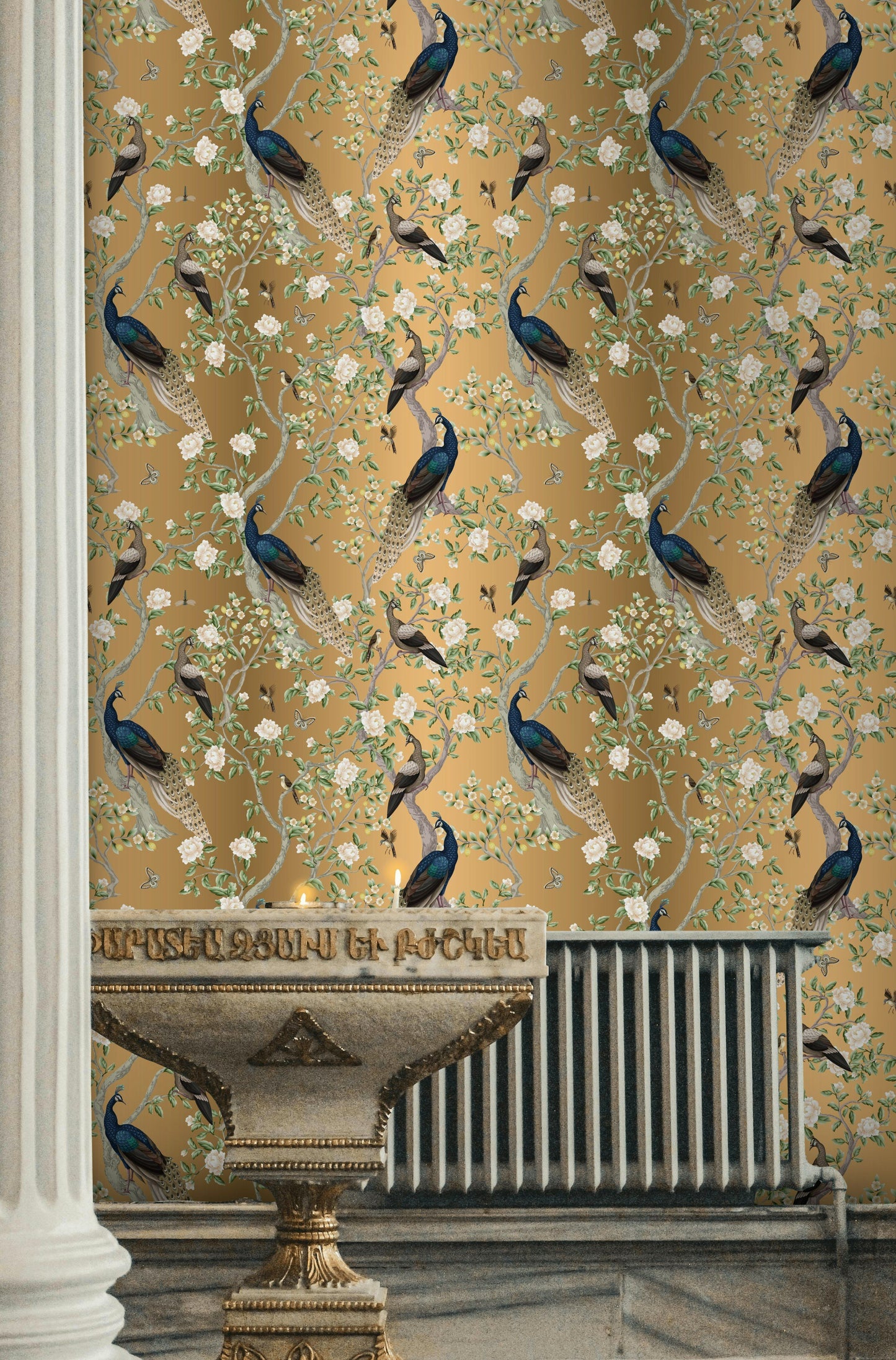 Peacock Chinoiserie Wallpaper Gold Look Floral Wall Mural