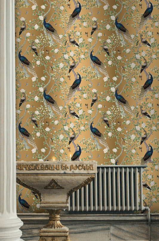 Peacock Chinoiserie Wallpaper Gold Look Floral Wall Mural