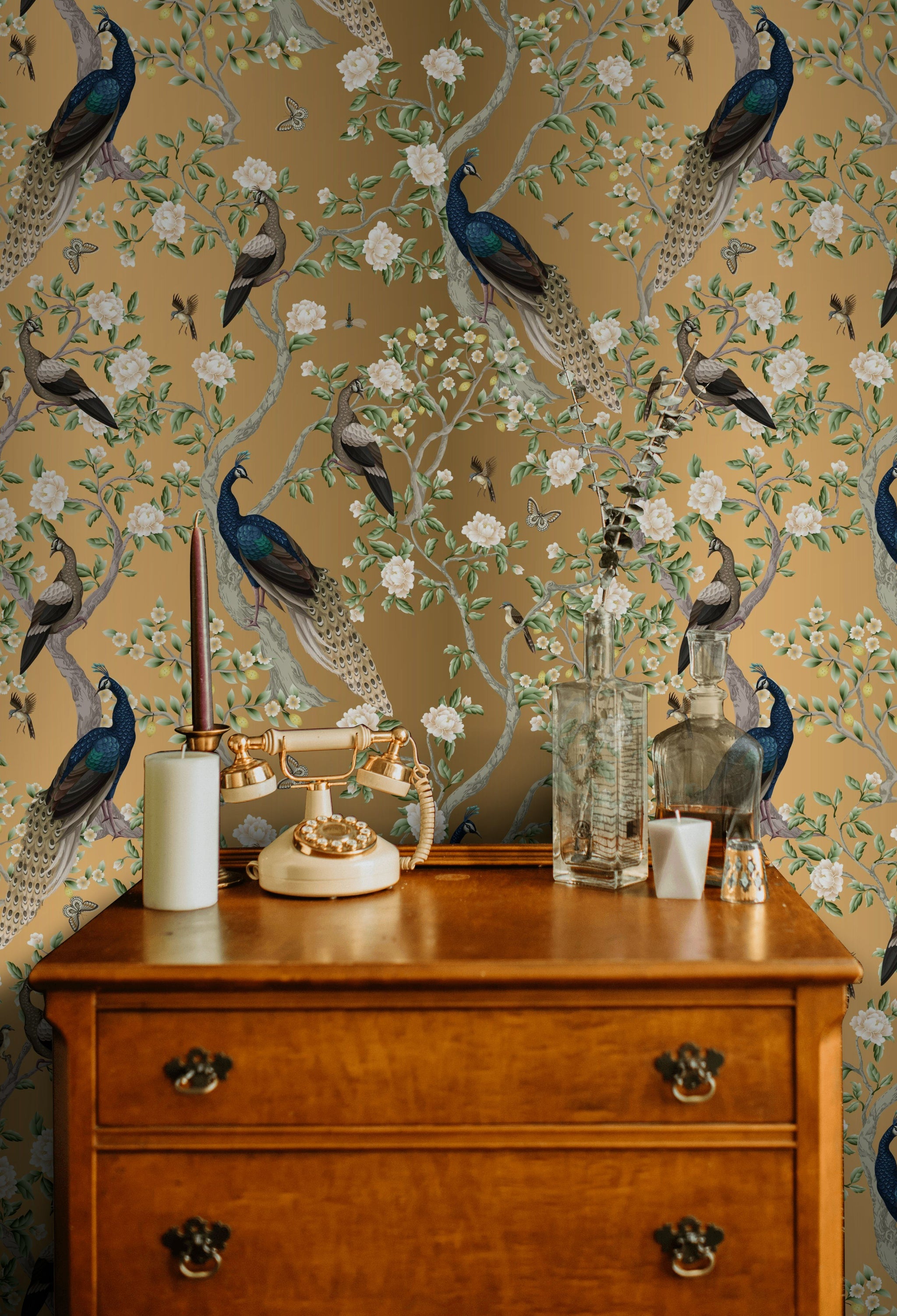 Elegantly Gilded Peacock Floral Wallpaper