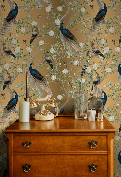 Elegantly Gilded Peacock Floral Wallpaper