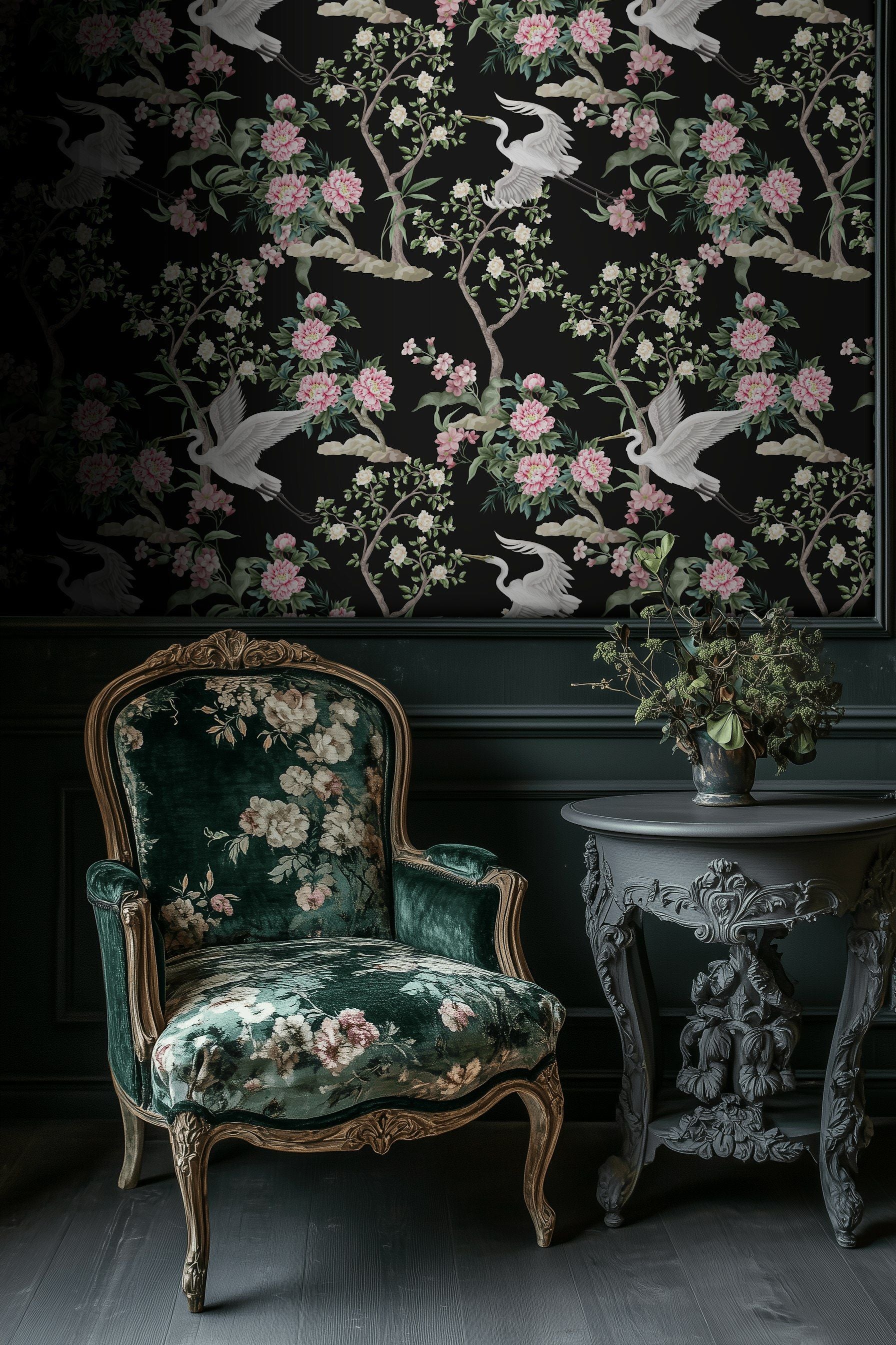 Black Night Garden with Cranes Wallpaper