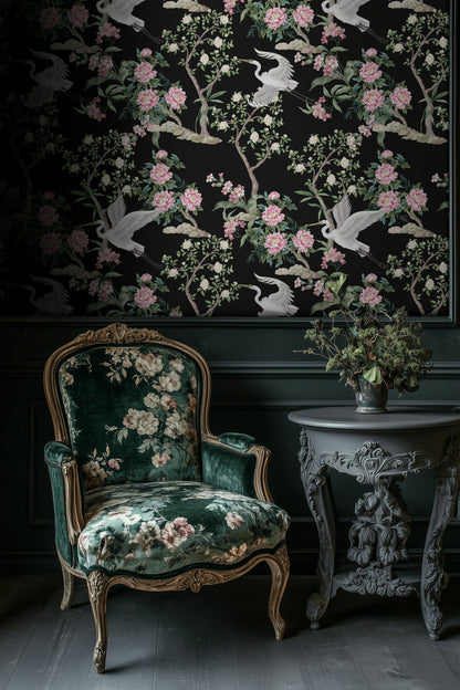 Black Night Garden with Cranes Wallpaper