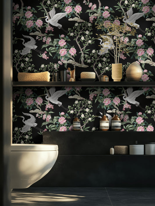 Oriental Crane Wallpaper Black and Pink Floral Wall Mural